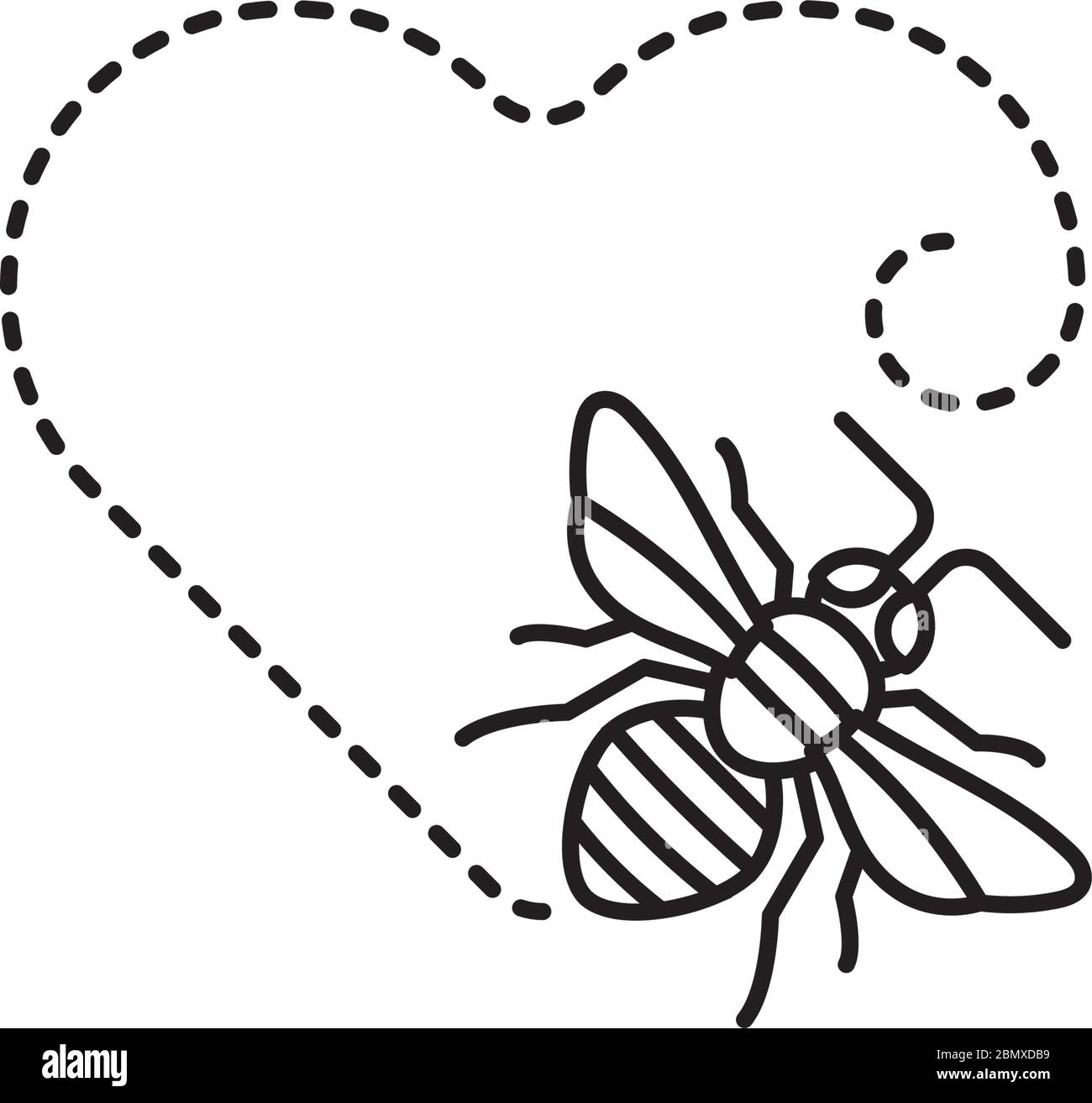 Abeille se déplaçant sur l'icône de ligne vectorielle de chemin en forme de coeur. Symbole de contour d'appréciation d'insecte. Illustration de Vecteur