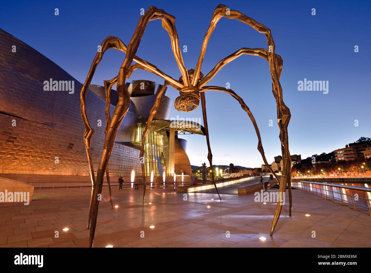 Araignée géante en bronze entre la rivière et le musée Guggenheim de Bilbao la nuit Banque D'Images