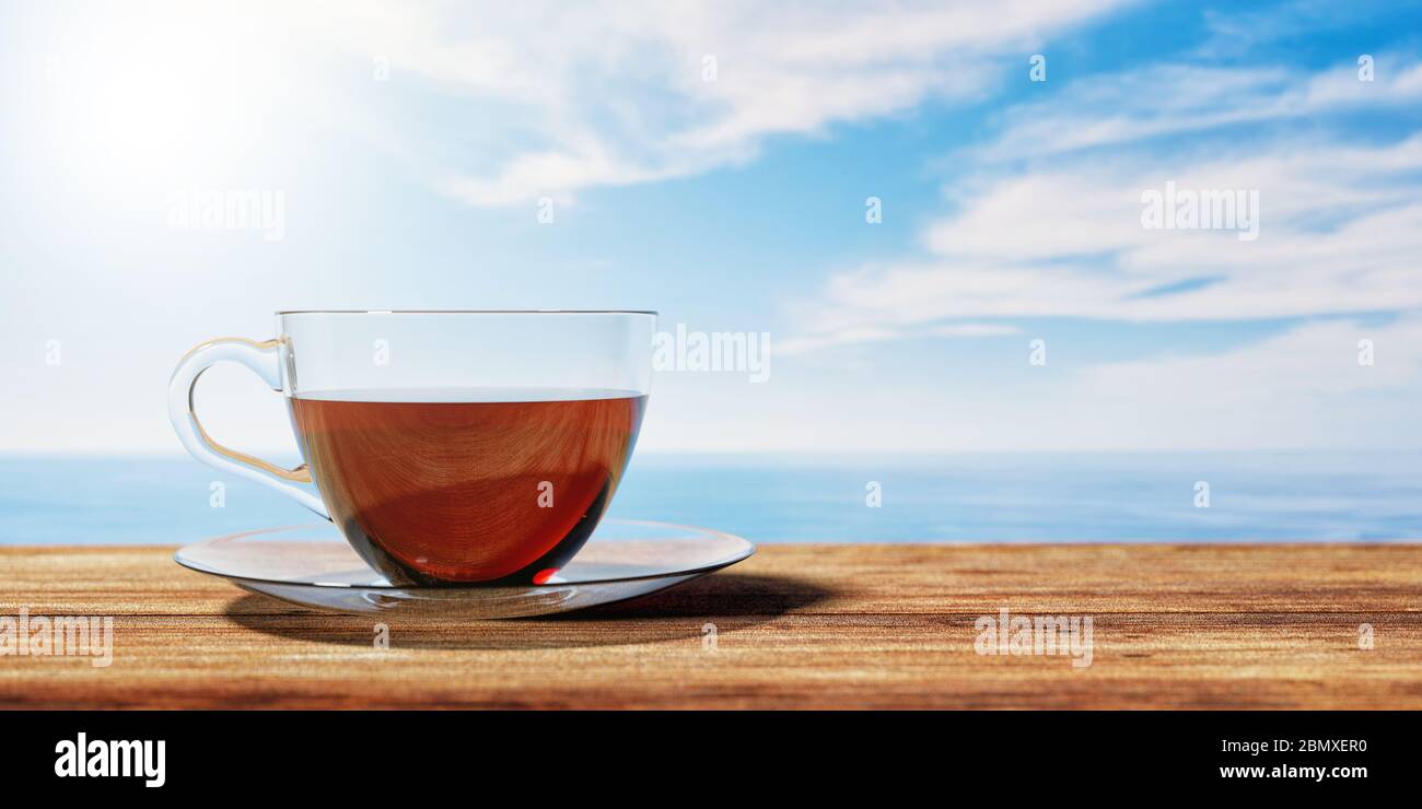 Illustration 3D d'une tasse de thé sur une table en bois marron avec ciel nuageux sur fond de mer. Papier peint texturé Banque D'Images