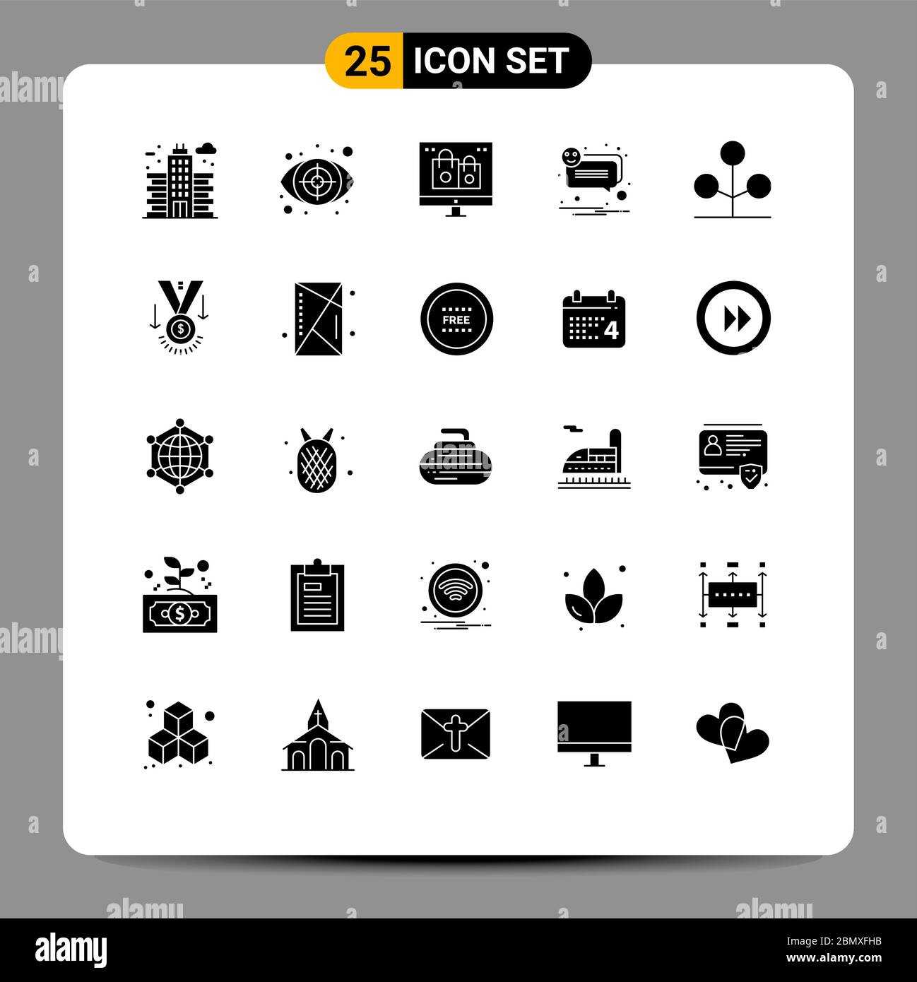 Groupe de 25 Glyphes solides modernes définis pour les éléments de conception vectorielle modifiables de forêt, de notification, de boîte, de bulle et de vacances Illustration de Vecteur