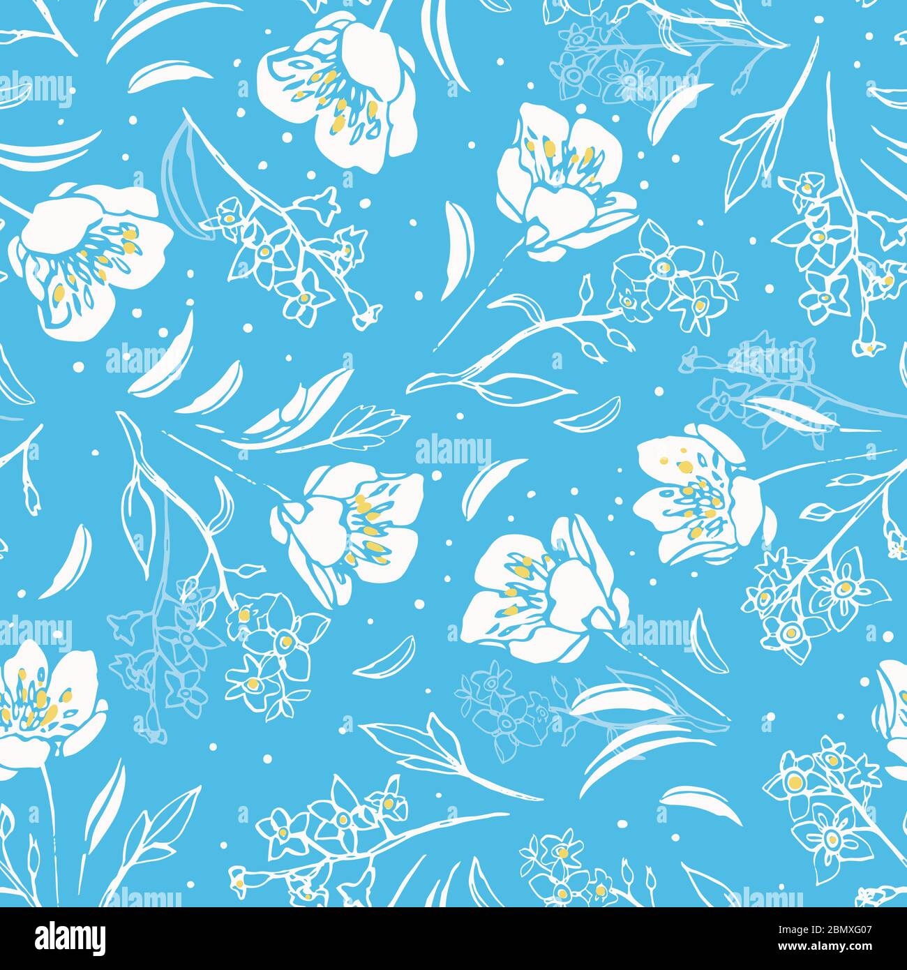 Motif vectoriel élégant botan de forme et contour de la coupe de beurre dessiné à la main sur fond bleu. Arrière-plan nature. Conception de la répétition de surface. Illustration de Vecteur