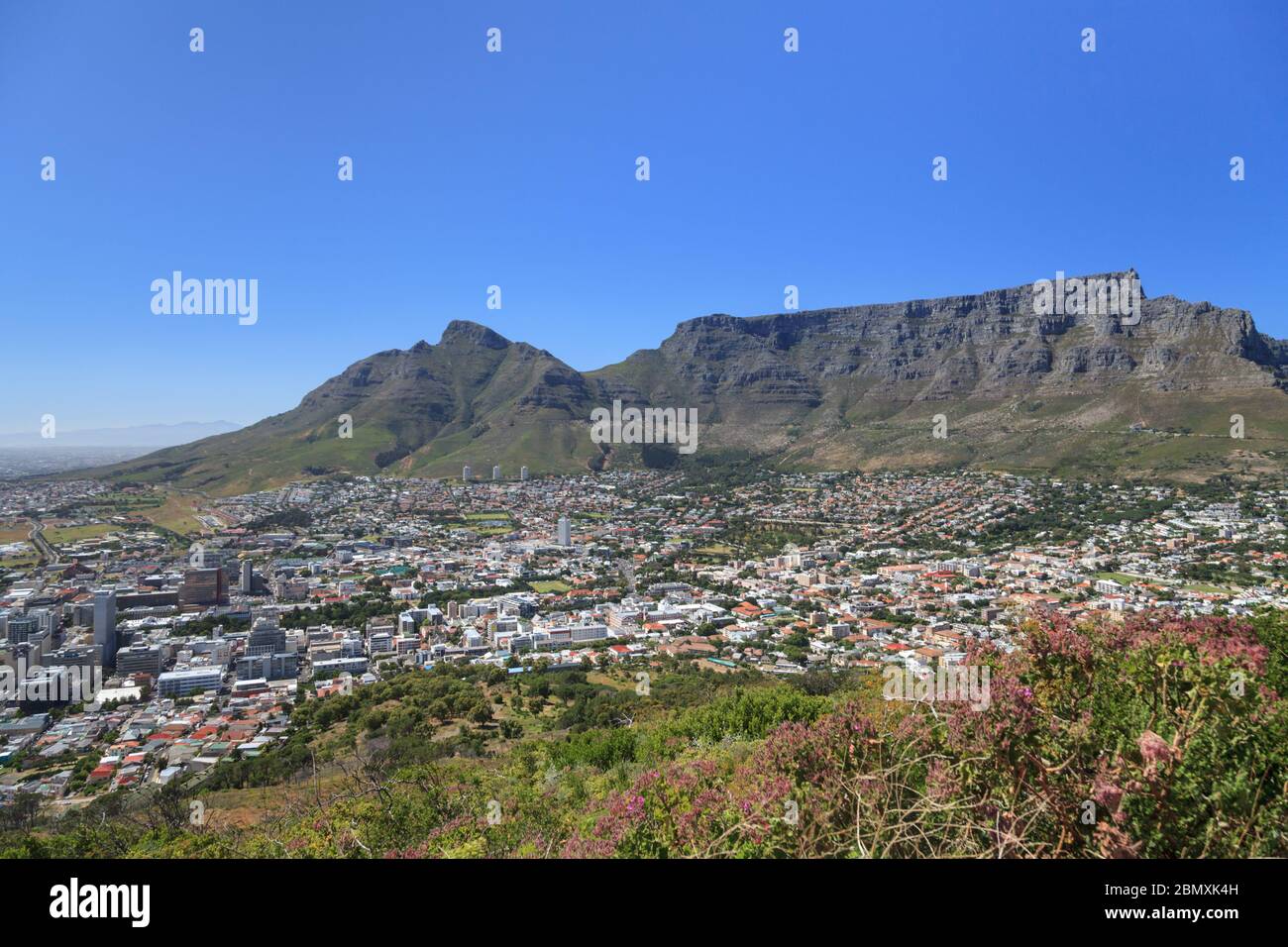 Vue panoramique sur Table Mountain et Devil's Peak à travers le Cape Town City Bowl en été, Western Cape, Afrique du Sud Banque D'Images