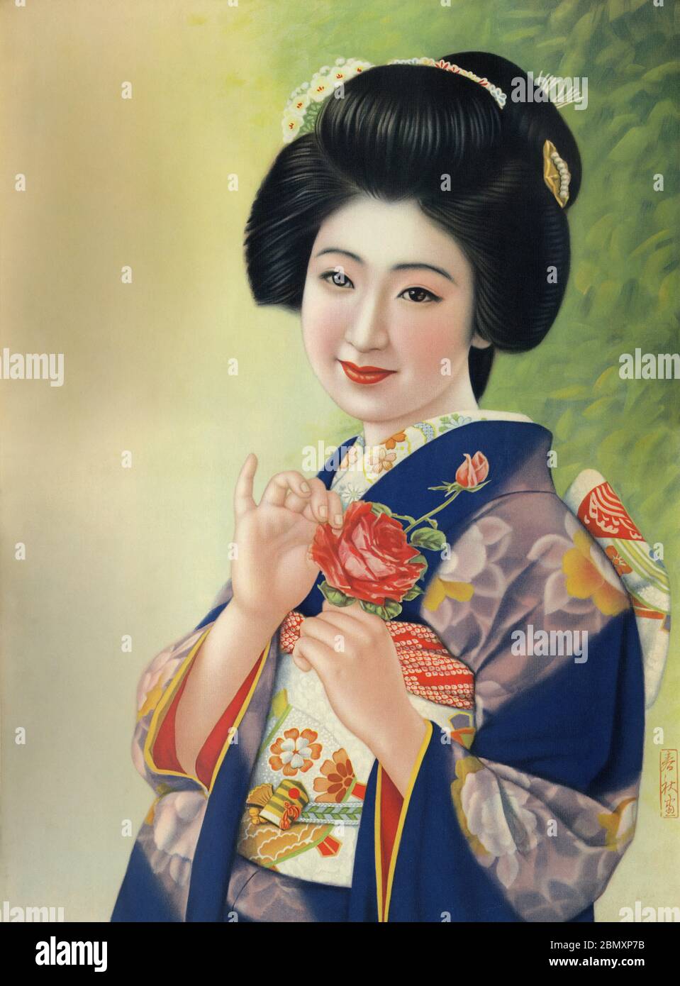 [ années 1920 Japon - Illustration de la femme japonaise dans le kimono ] — Belle femme japonaise dans le kimono. Cette œuvre a été utilisée comme exemple d'affiche (ポスターの原画見本) pendant la période Taisho (1912-1926). affiche ancienne du xxe siècle. Banque D'Images