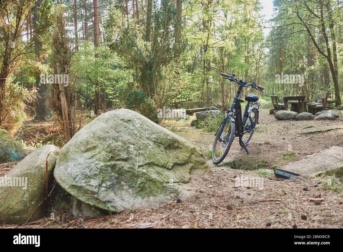Gifhorn, Allemagne, 27 avril 2020 : vélo électrique sur la visite à vélo dans la forêt dans le paysage de la lande en Allemagne du Nord avec une place rustique Banque D'Images