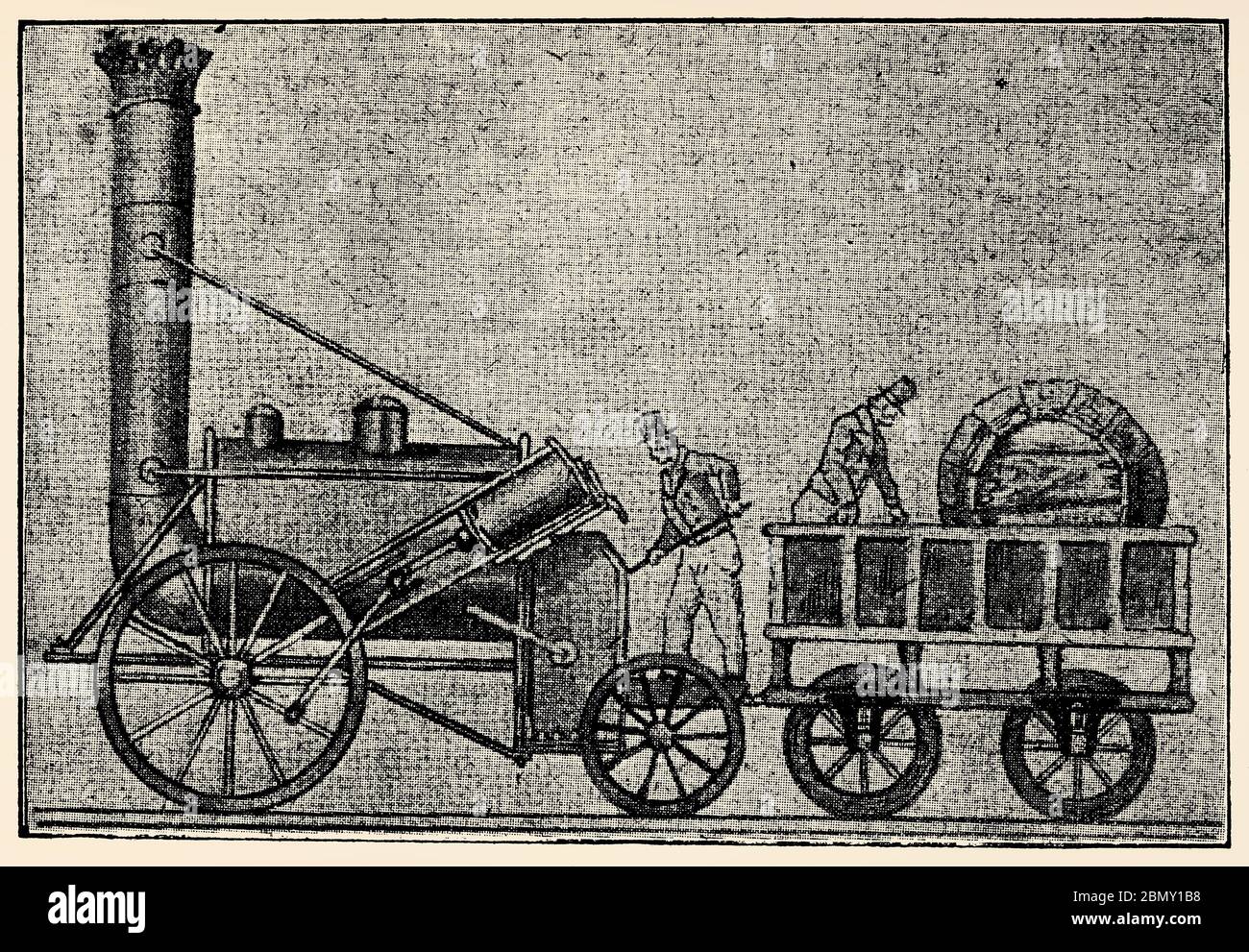 La première locomotive à vapeur - Rocket a été construite par les pionniers des ingénieurs ferroviaires George et Robert Stephenson. Banque D'Images