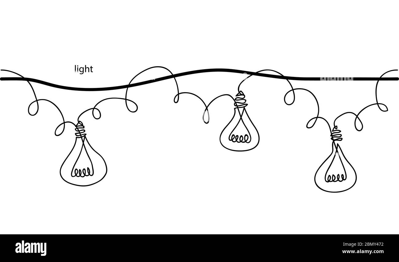 Lampes, ampoule, festoon, guirlande, lumière brillante vecteur bordure sans couture. Une guirlande d'ampoules à dessin de ligne continue pour la bannière de magasin d'éclairage, célébration Illustration de Vecteur