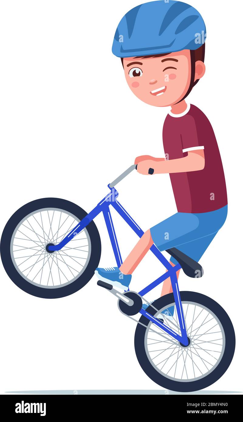 Garçon fait un vélo bmx sur la roue arrière. Illustration vectorielle  personnage de dessin animé petit enfant avec casque faisant une roue sur un  vélo isolé sur blanc. B Image Vectorielle Stock -