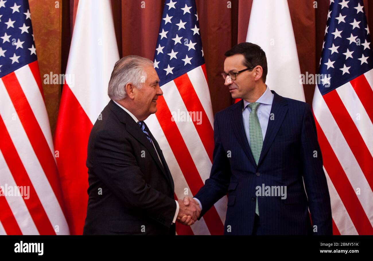 Le secrétaire Tillerson rencontre le premier ministre polonais le secrétaire d'État américain Rex Tillerson et le premier ministre polonais Mateusz Morawiecki se bousculer lors de leur réunion à Varsovie, en Pologne, le 27 janvier 2018. Banque D'Images