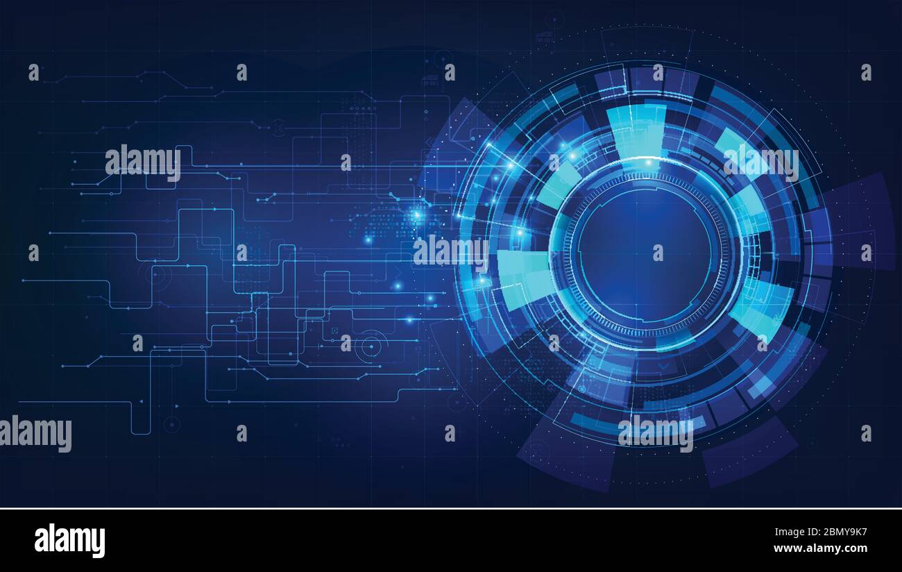 Futuriste et technologique fond bleu foncé, interface d'affichage tête haute cercle HUD pour communication et innovation cyber concept, avec flèche de ligne g. Illustration de Vecteur