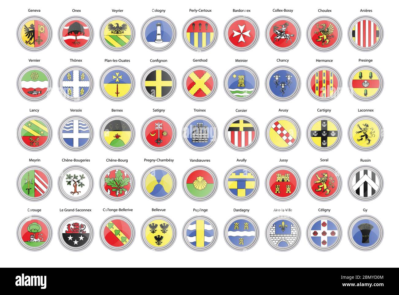 Ensemble d'icônes vectorielles. Communes de Genève drapeaux de canton, Suisse. Illustration 3D. Illustration de Vecteur