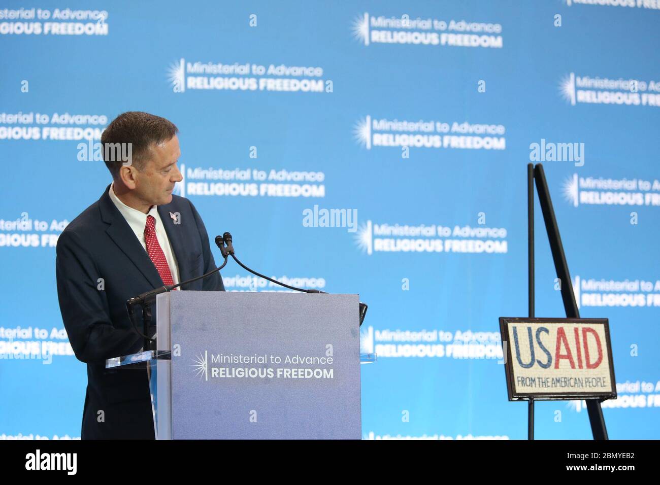 Le 16 juillet 2019, Mark Green, administrateur de l'USAID, s'est adressé à la Conférence ministérielle pour la promotion de la liberté religieuse au Département d'État des États-Unis à Washington, DC, soulignant le soutien des États-Unis à la liberté religieuse dans le monde entier. Banque D'Images