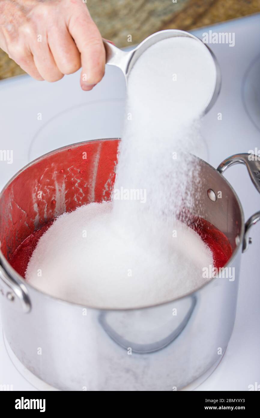 Femme versant du sucre dans des baies écrasées pour faire de la confiture. Lorsque le sucre est ajouté aux baies écrasées, il se dissout dans le jus de fraise. Banque D'Images