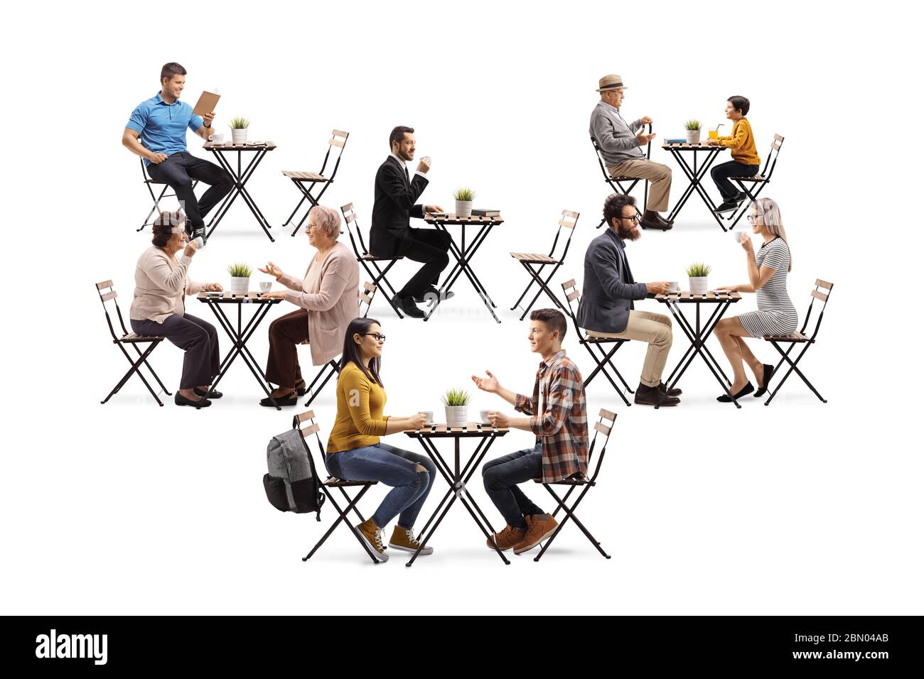 Les gens assis sur différentes tables dans un café isolé sur fond blanc Banque D'Images