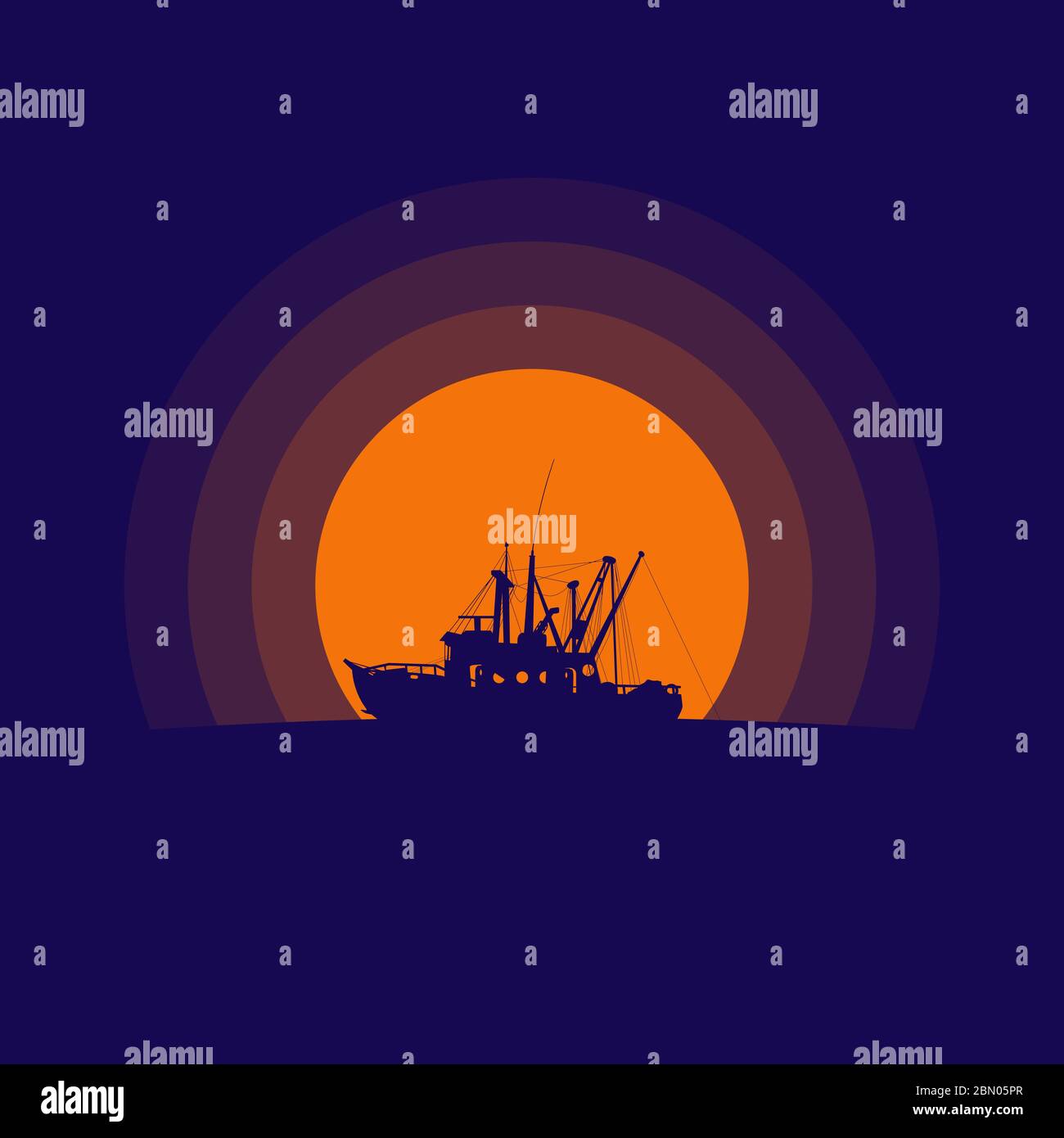 silhouette de bateau de pêche au coucher du soleil Illustration de Vecteur