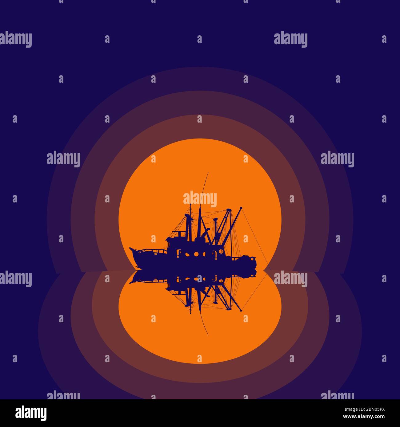 silhouette de bateau de pêche avec réflexion Illustration de Vecteur
