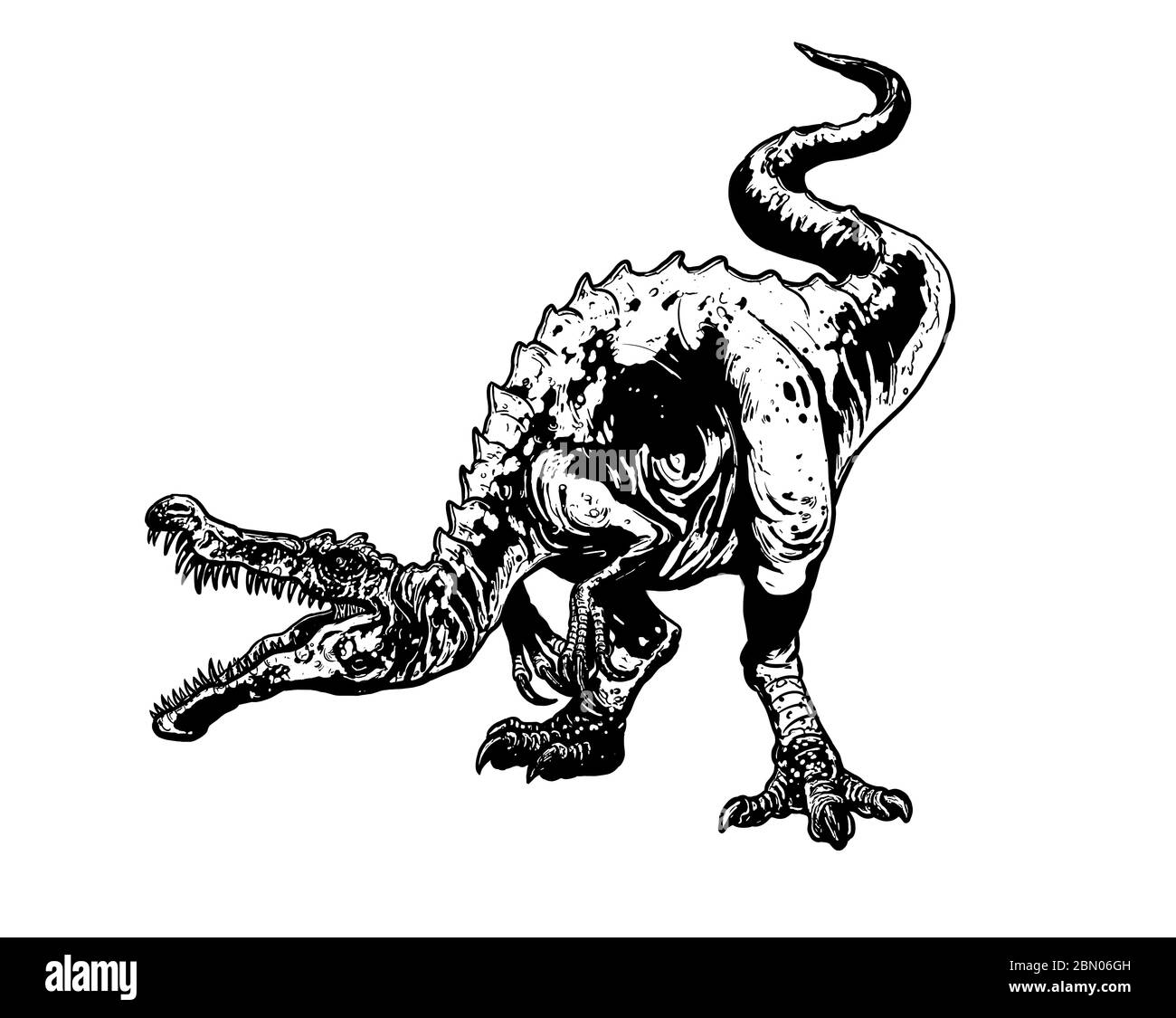 Dinosaure carnivore - Baryonyx. Dessin isolé Dino Attack. Page de coloriage pour enfants et adultes. Banque D'Images