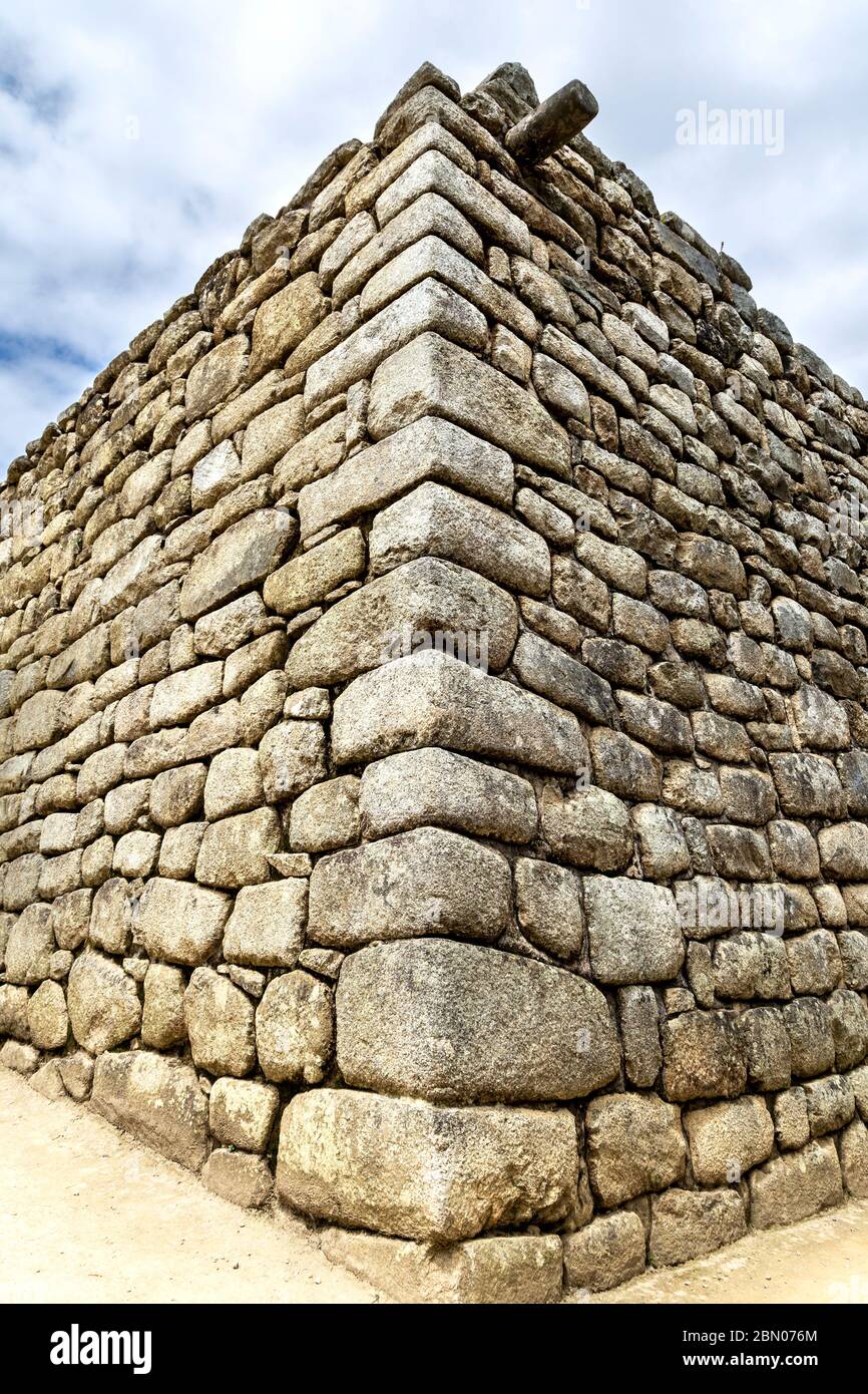 Coin d'un mur d'Inca, Machu Picchu, Vallée Sacrée, Pérou Banque D'Images