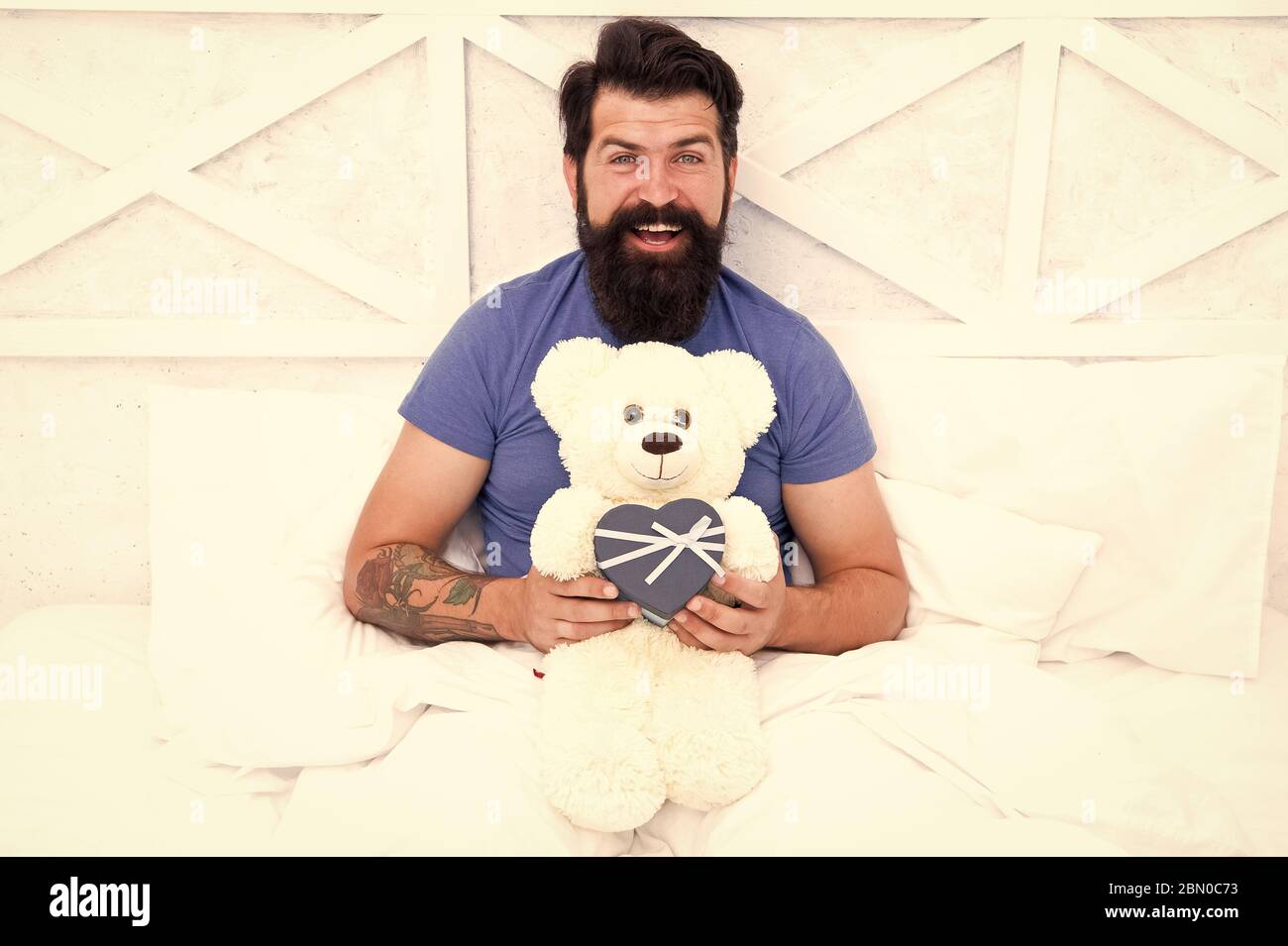 Du vrai bonheur. L'amour et bonheur. barbu ours au lit. Boîte-cadeau pour les vacances. beau cadeau pour vous. Valentines Day matin. mon anniversaire. Heureux de l'âge adulte. home shopping concept. Banque D'Images