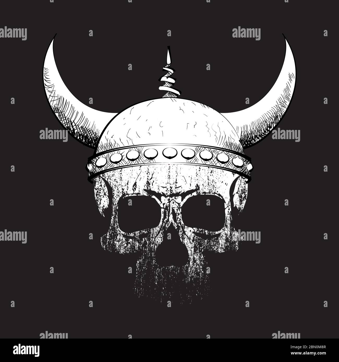 Illustration vectorielle pour t-shirt crâne humain avec casque viking sur fond noir Illustration de Vecteur