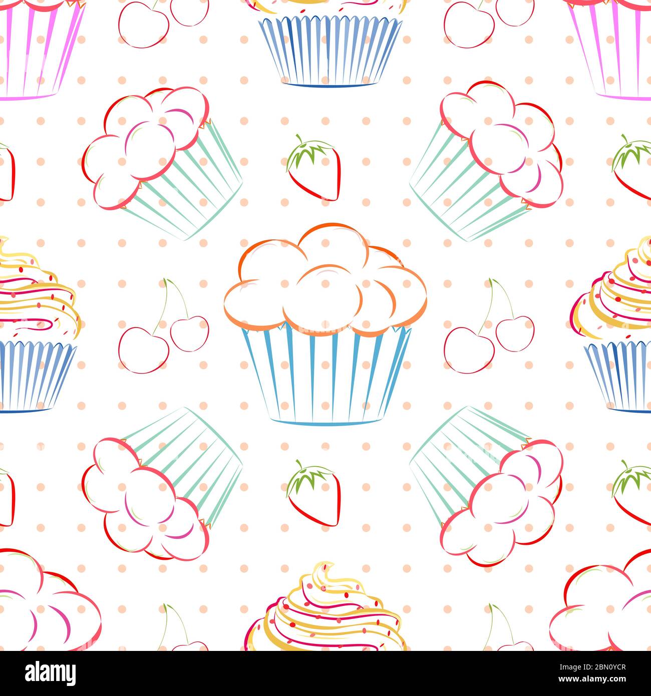Motif vectoriel élégant sans couture avec différents petits gâteaux, fraises et cerises. Une ligne unique de style « Doodle » qui dessine le fond de la nourriture avec dessert-les Illustration de Vecteur