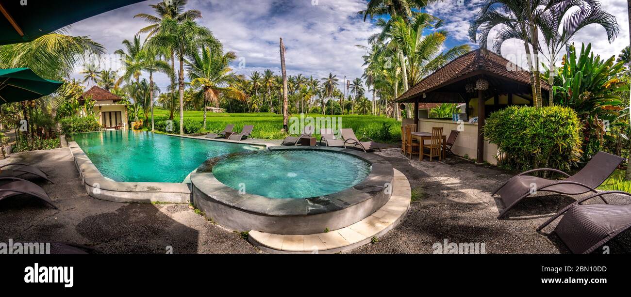 Vue sur la piscine à Bali, Indonésie, arbres verts et ciel bleu Banque D'Images