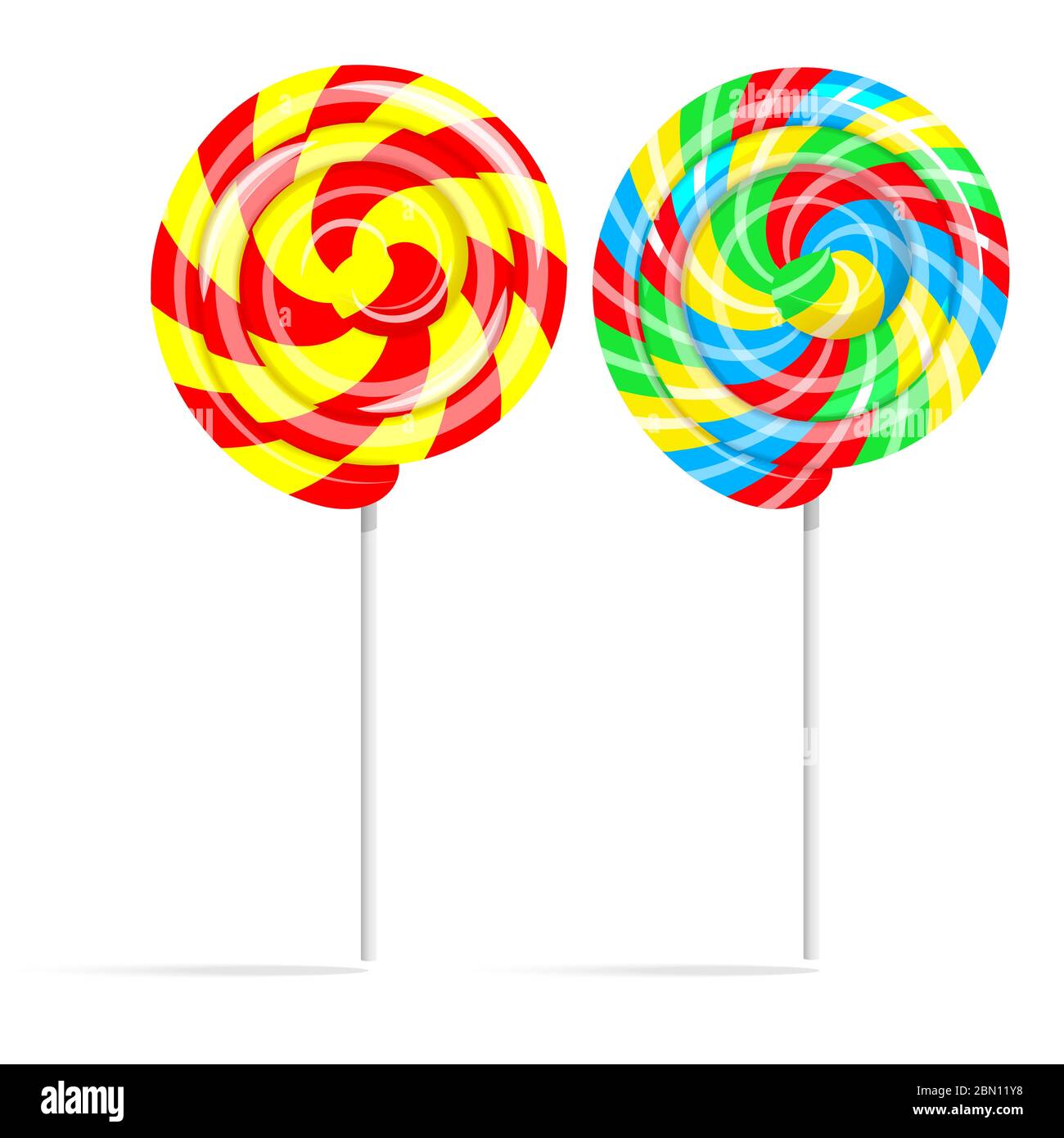 Ensemble de sucettes spiralées colorées. Bonbon Lollipop sur un bâton isolé sur fond blanc