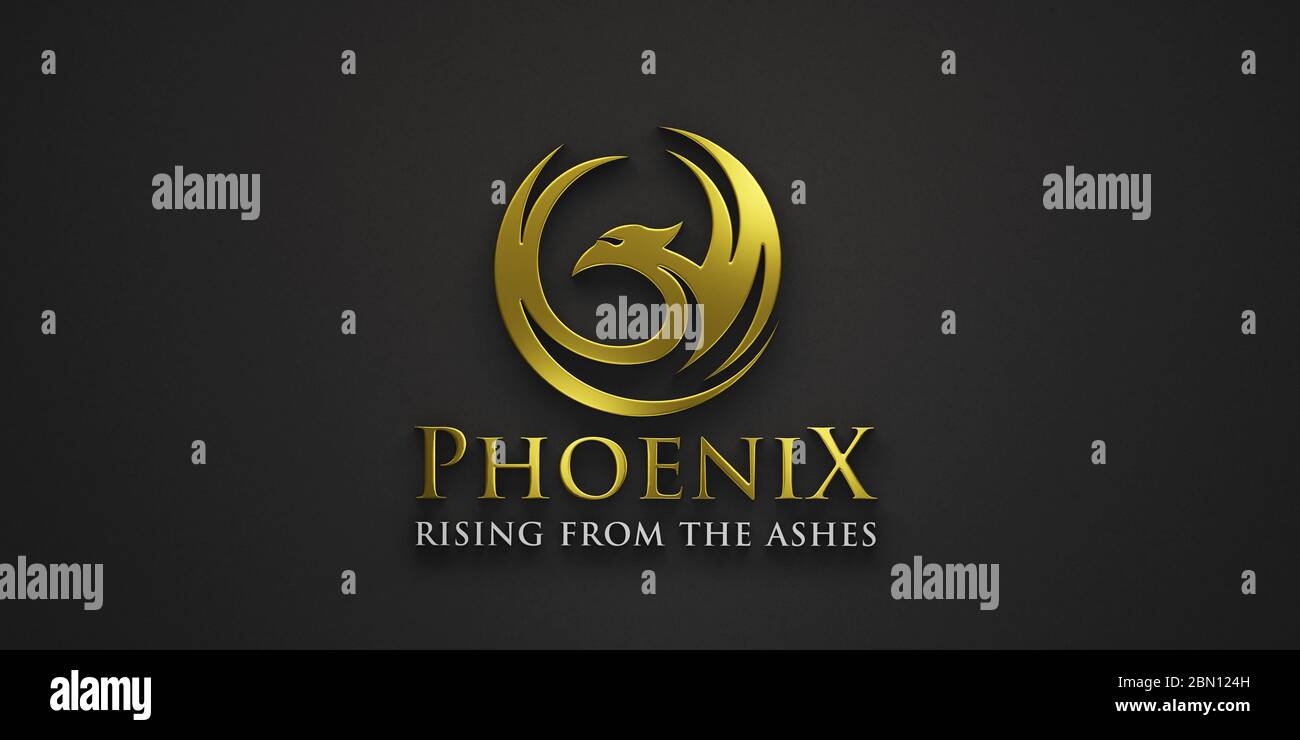 Logo Phoenix Gold Bird de luxe pour les entreprises. Illustration de rendu 3D isolée sur fond noir Banque D'Images