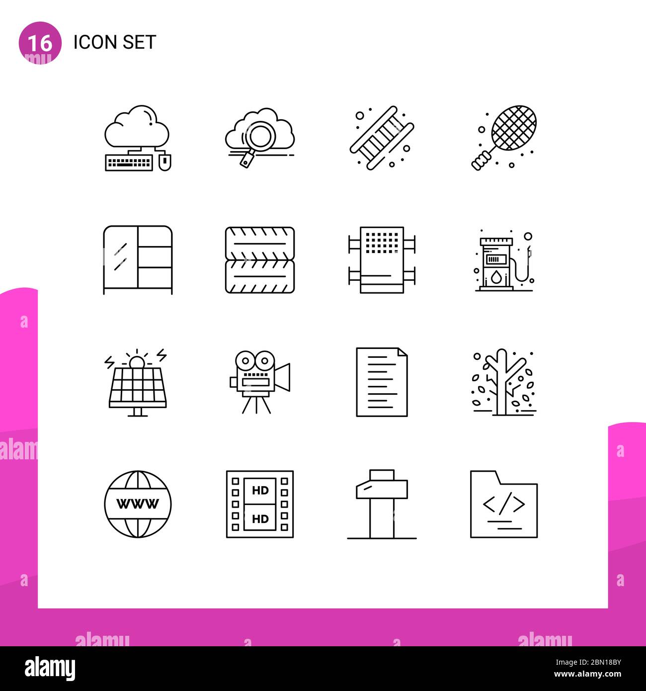 Jeu de 16 pictogrammes simples représentant le sport, le ballon, la technologie, l'escalier et les éléments de conception vectorielle modifiables Illustration de Vecteur
