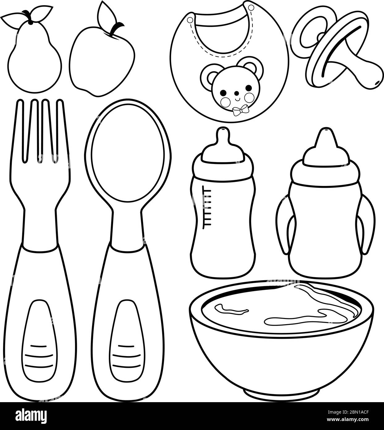 Ensemble de vaisselle pour bébés. Page de livre de coloriage noir et blanc Illustration de Vecteur