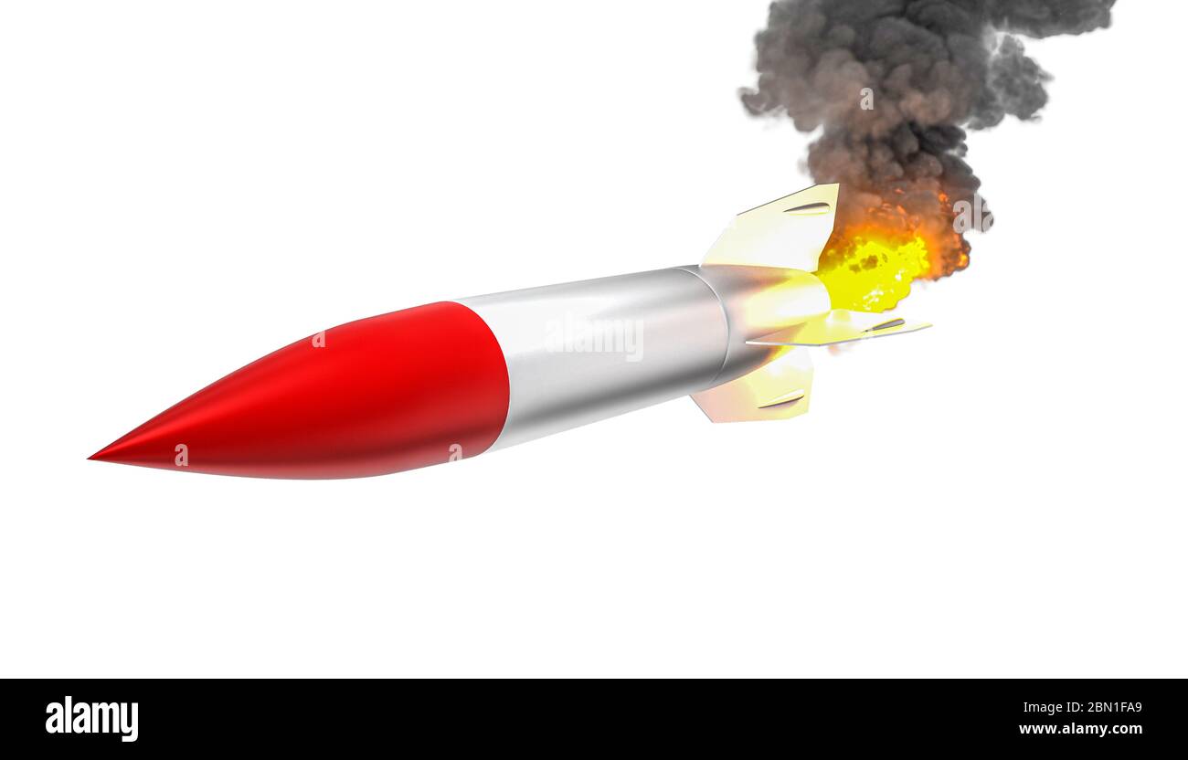 la fusée blanche classique à embout rouge vole avec des flammes et de la fumée. isolée sur blanc, personne autour. rendu 3d. Concept de départ, de réussite, de puissance. Banque D'Images