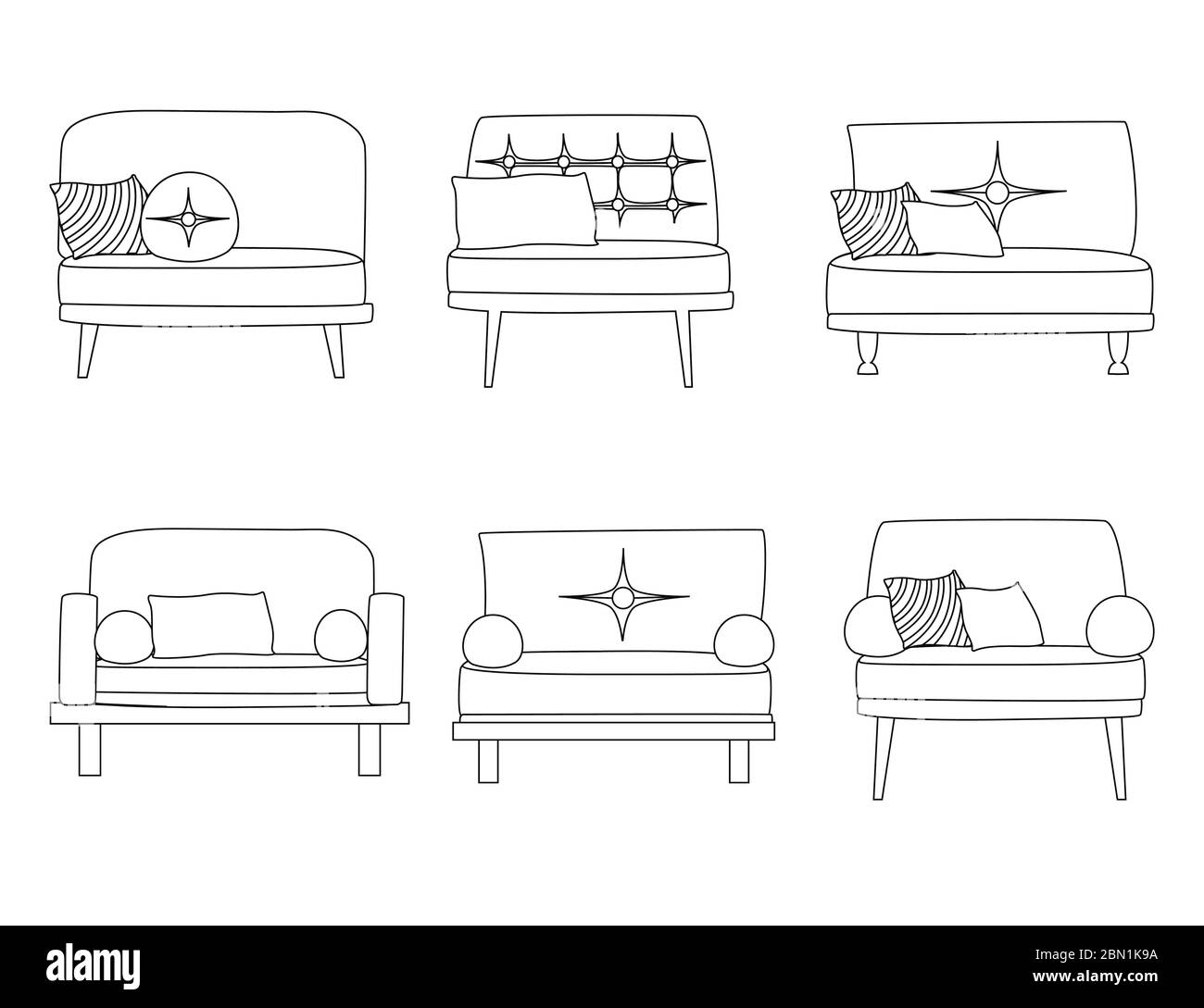 Ensemble de chaises classiques contour collection mobilier en bois avec oreillers plat vecteur illustration isolée sur fond blanc Illustration de Vecteur