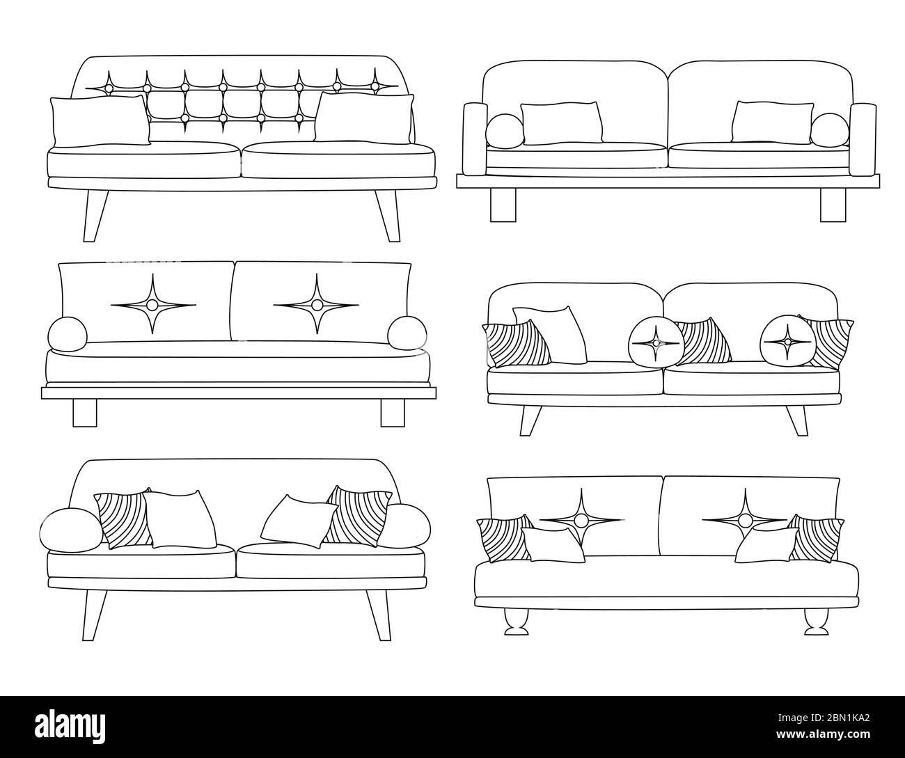 Ensemble de canapé contour collection mobilier en bois avec oreillers plat vecteur illustration isolée sur fond blanc Illustration de Vecteur