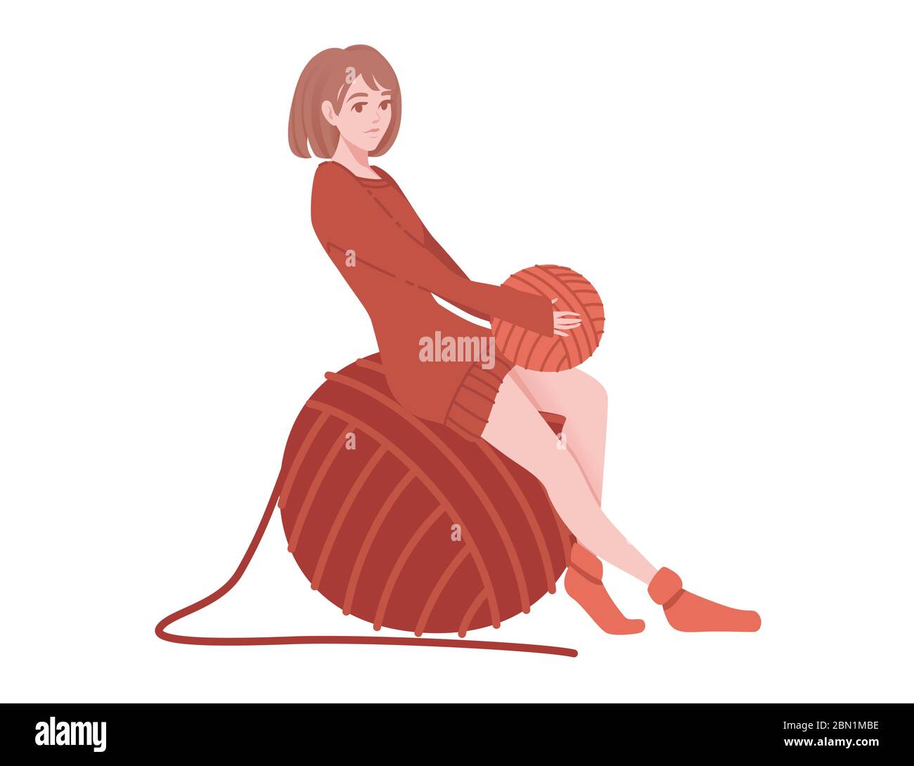 Jolie femme assise sur la grosse boule rouge de laine avec aiguille tricotage plate illustration abstraite isolée sur fond blanc Illustration de Vecteur