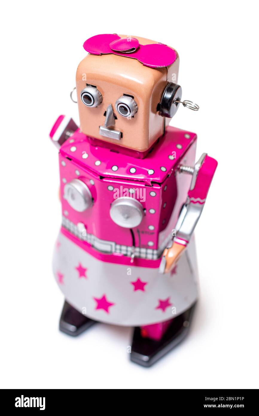 Vintage tin toy robot isolé sur un fond blanc. Banque D'Images