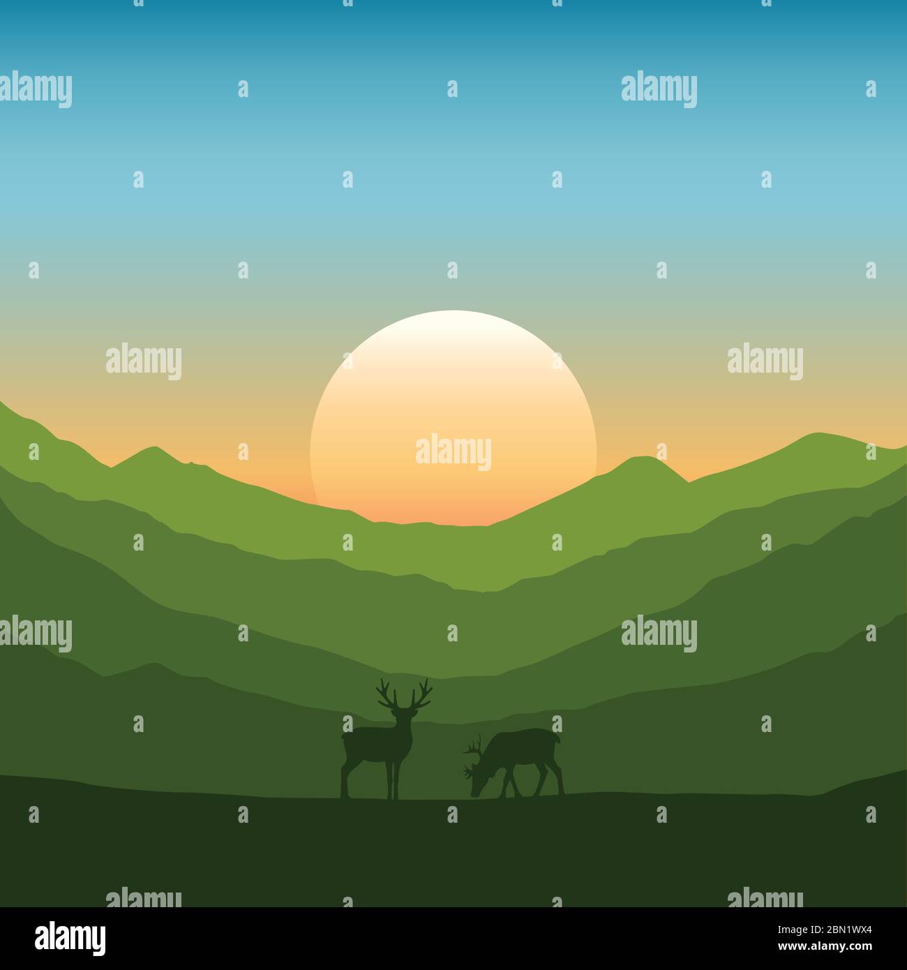 Faune et flore cerf sur paysage de montagne d'automne au coucher du soleil illustration vecteur EPS10 Illustration de Vecteur