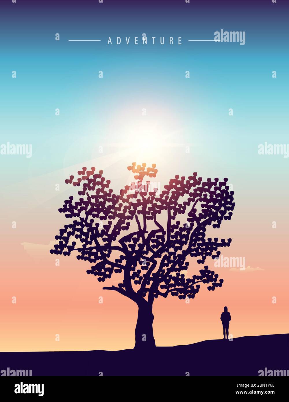 Une fille solitaire se tient sous un grand arbre à l'illustration du vecteur de coucher de soleil EPS10 Illustration de Vecteur