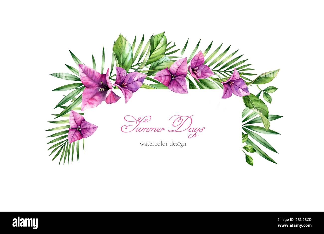 Bannière florale aquarelle. Cadre horizontal avec emplacement pour le texte. Bougainvilliers violet vif et feuilles de palmier. Fond tropical peint à la main Banque D'Images