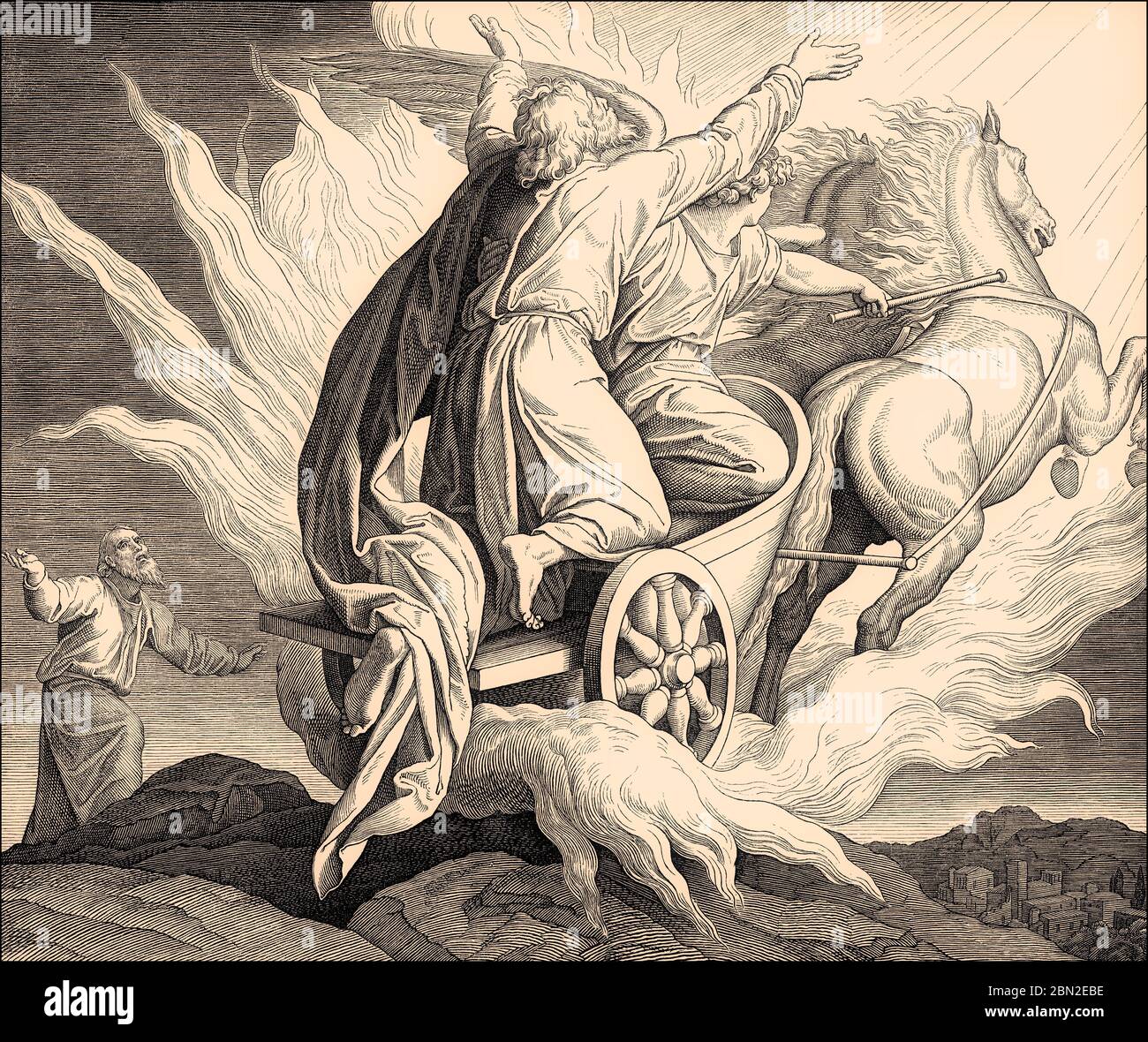 Le prophète Elijah, qui traverse un char flamboyant dans le ciel, dans l'ancien Testament, par Julius Schnorr von Carolsfeld Banque D'Images