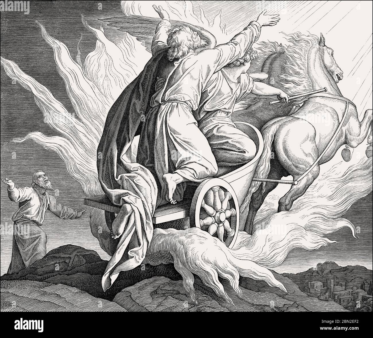 Le prophète Elijah, qui traverse un char flamboyant dans le ciel, dans l'ancien Testament, par Julius Schnorr von Carolsfeld Banque D'Images