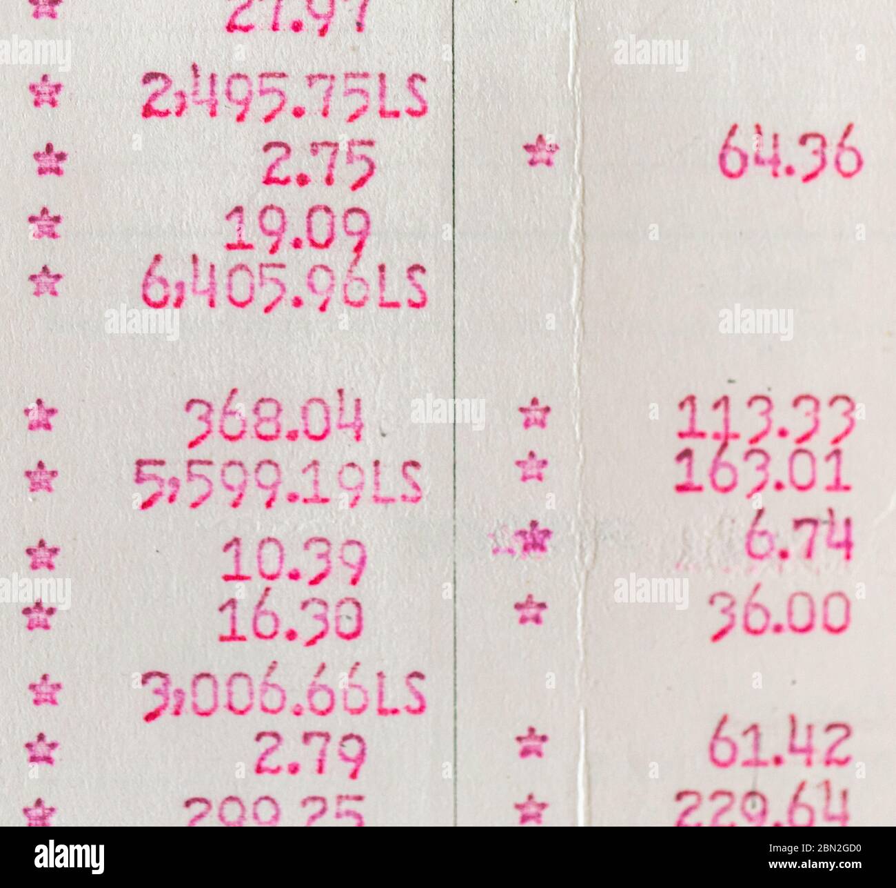 colonnes de nombres imprimées à l'encre rouge Banque D'Images