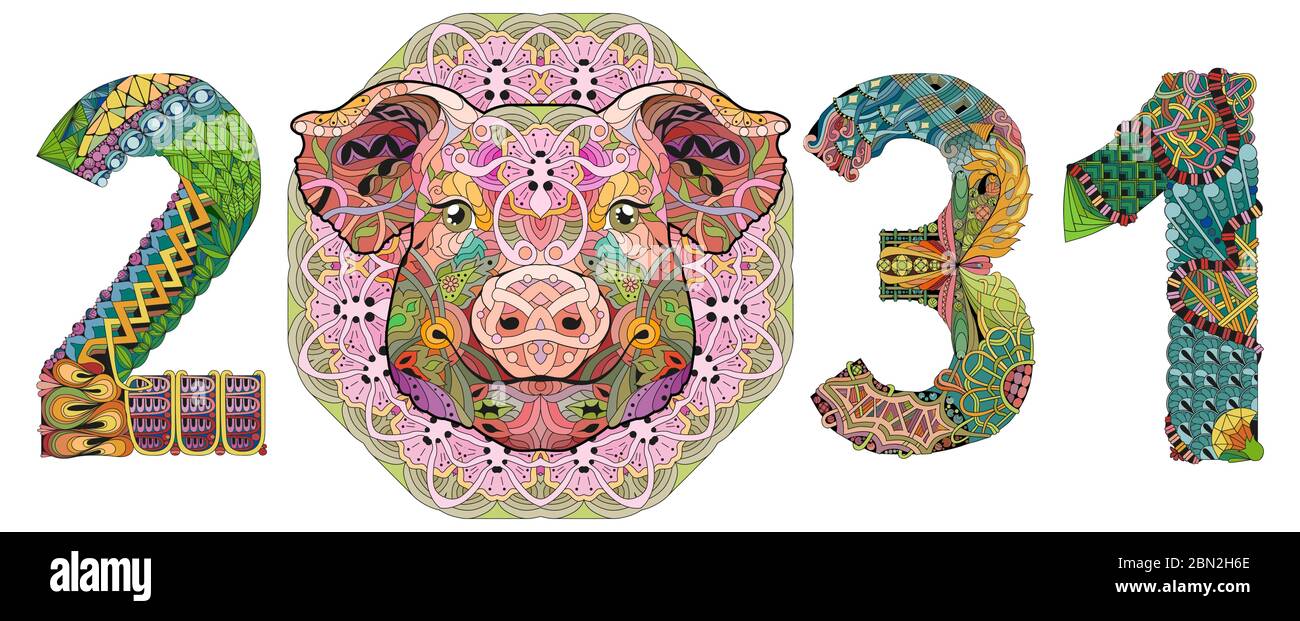 Porc zentrangle dessiné à la main numéro 2031 pour t-shirt et autres décorations Illustration de Vecteur