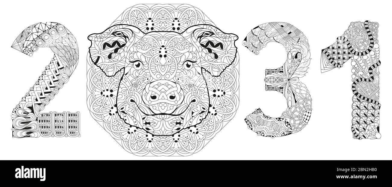 Porc zentrangle dessiné à la main numéro 2031 pour la coloration, pour t-shirt et autres décorations Illustration de Vecteur