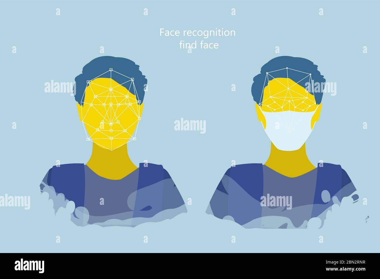 Reconnaissance faciale dans un masque médical, problèmes de vision informatique dans un mégalopole moderne pendant la période de danger épidémiologique. L'homme dans un masque. Illustration de Vecteur