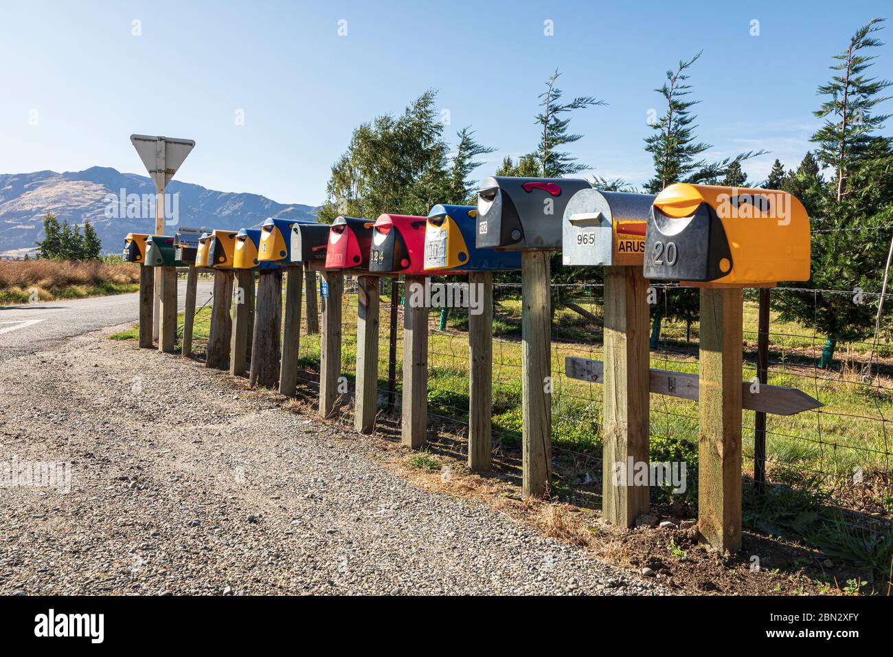 Boîtes aux lettres rurales près de Albert Town, Otago, South Island, Nouvelle-Zélande Banque D'Images