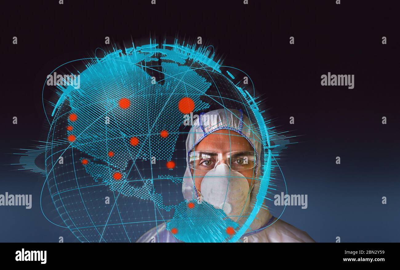 Portrait scientifique en costume propre derrière l'épidémie mondiale de coronavirus Banque D'Images