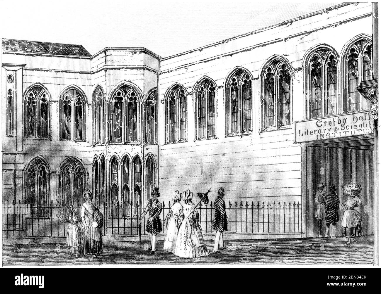 Une gravure de la rue Crosby Hall Bishopsgate de Londres numérisée à haute résolution à partir d'un livre imprimé en 1851. Je pensais libre de droits d'auteur. Banque D'Images