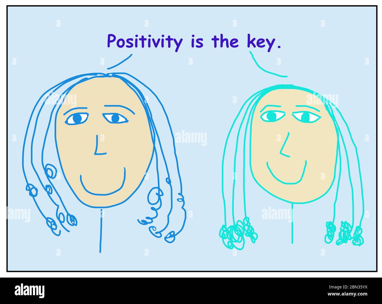 Dessin animé en couleur de deux femmes souriantes déclarant que la positivité est la clé. Banque D'Images