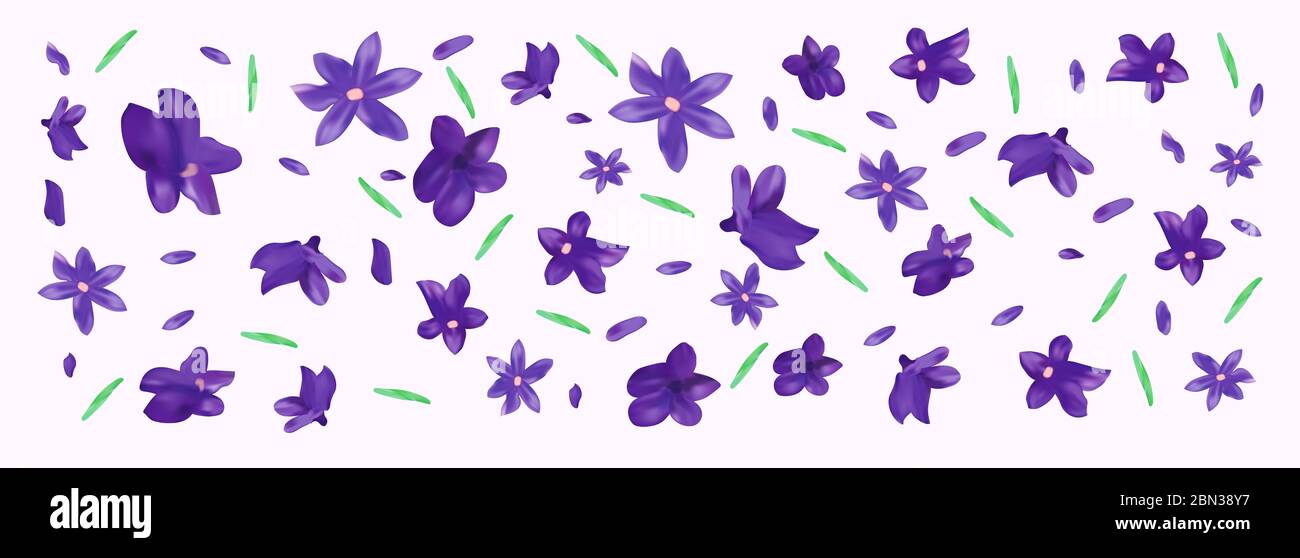 Fleurs réalistes lavande avec feuille verte. Lavande parfumée sur fond violet. Belle lavande gros plan. Lavande violette en mouvement.vue du dessus. illustration 3d Banque D'Images