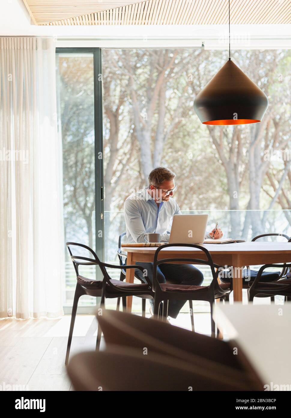 Homme d'affaires travaillant sur un ordinateur portable et prenant des notes, travaillant à la maison Banque D'Images