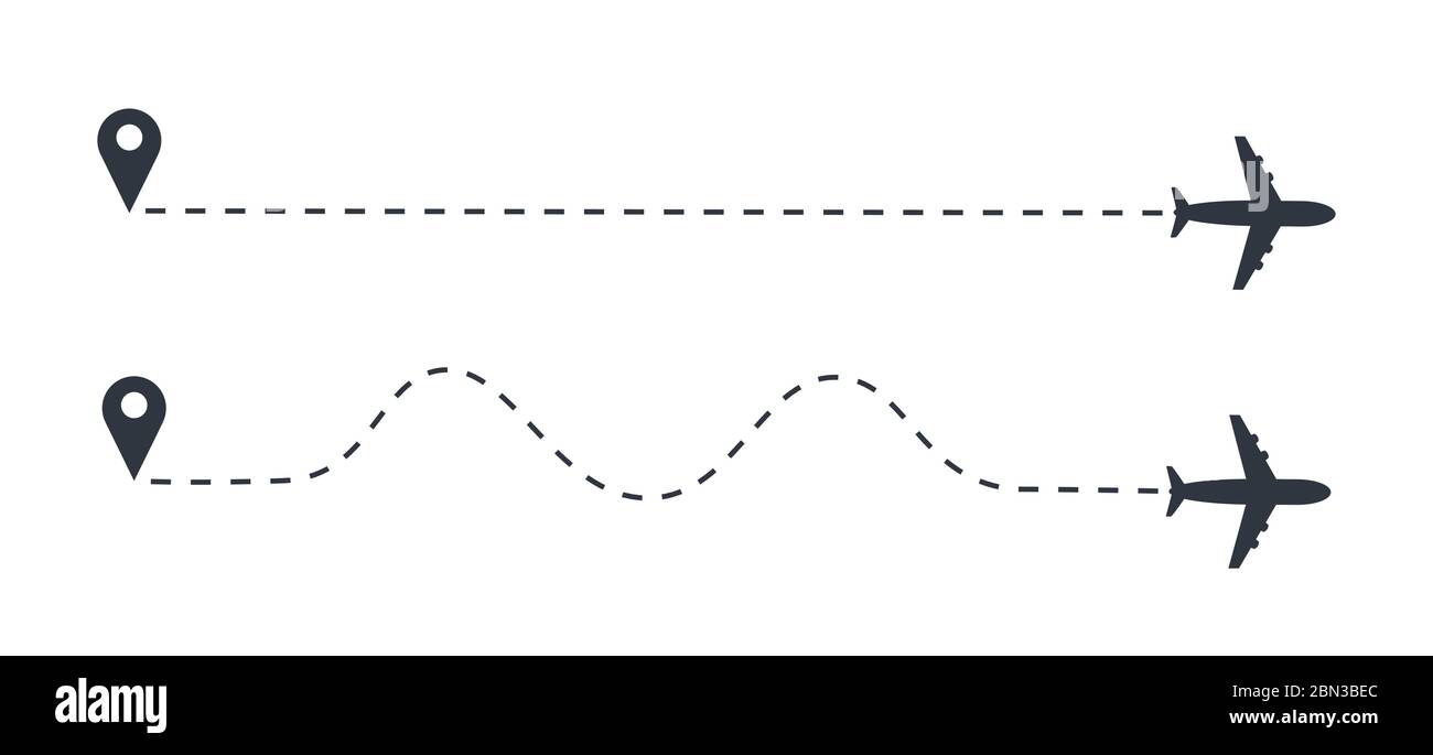 Tracé en pointillés, suivi d'avion, tracé ou illustration de vecteur routier pour la conception d'infographies. Plan de la piste au point avec ligne pointillée ou air Illustration de Vecteur